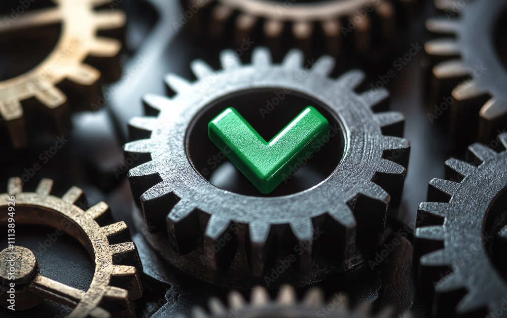 Fototapete gears and a checkmark symbolizing process optimization and quality assurance