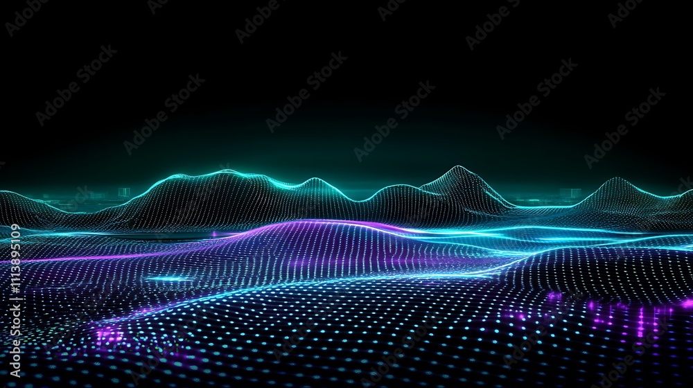 Poster abstract digital landscape with neon waves and glowing dots representing 3d technology and data visu