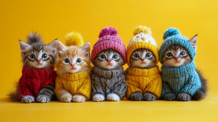Fototapeta premium Nice little cats in warm hats on the yellow background
