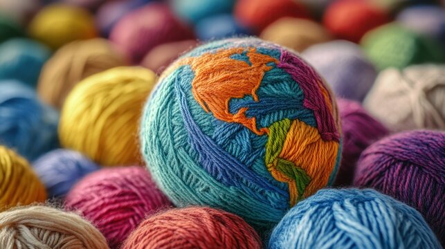 A colorful yarn globe surrounded by various balls of yarn, symbolizing creativity and craft.