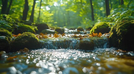 Fototapeta premium Sunlit stream flowing over mossy rocks in a lush forest.