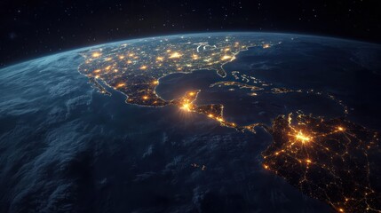 Obraz premium A satellite view of Central America and parts of North America at night, showcasing city lights.