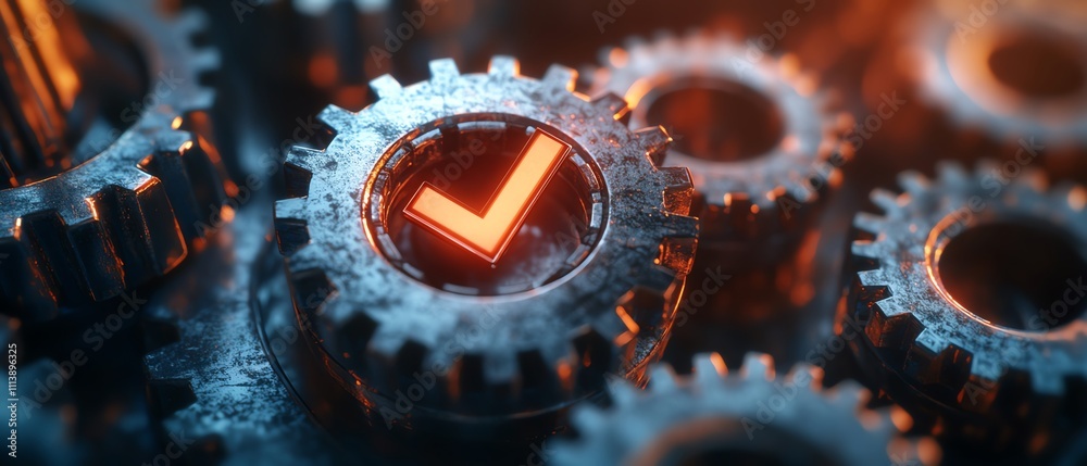 Poster a conceptual image of gears and a checkmark