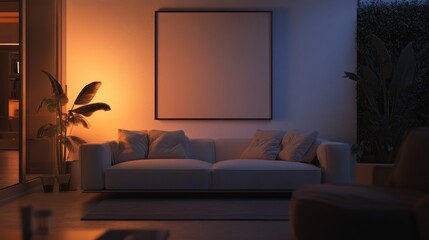 Modern Nighttime Living Room With Blank Canvas Artwork