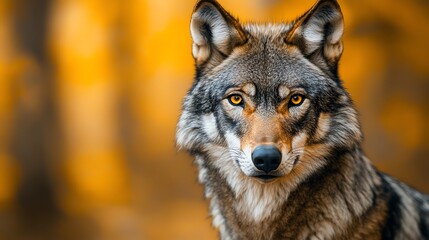 Fototapeta premium A wolf with piercing eyes and a focused gaze, staring intently at the camera.