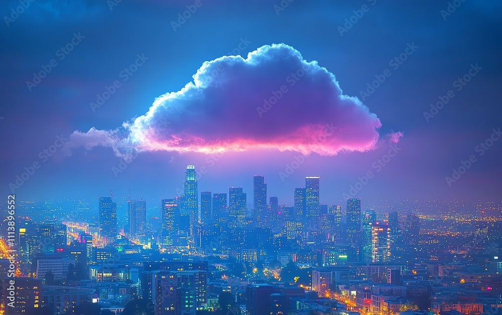 Poster A digital cloud hovering over a vibrant cityscape, symbolizing cloud computing, data storage, and advanced technology infrastructure in an interconnected, techpowered urban setting