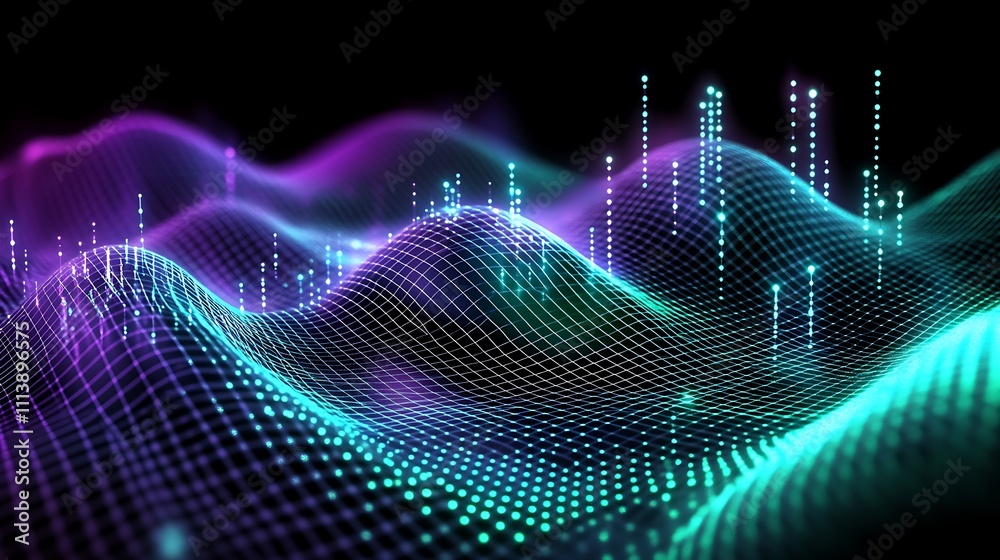 Poster abstract digital landscape with waving grids and colorful lights representing data visualization and