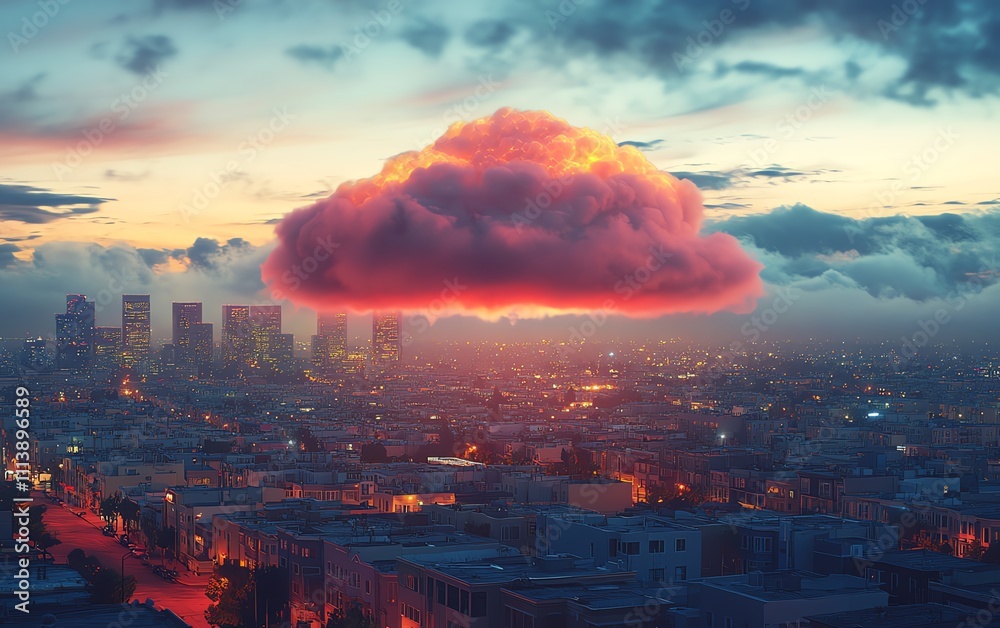 Poster A digital cloud hovering over a vibrant cityscape, symbolizing cloud computing, data storage, and advanced technology infrastructure in an interconnected, techpowered urban setting