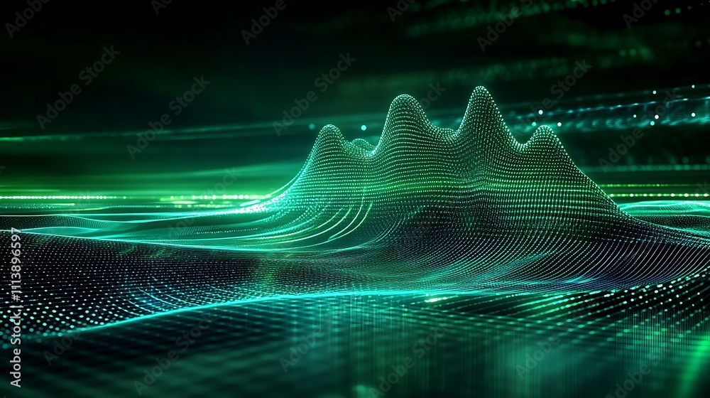 Poster abstract digital landscape with wavy green lines and dots representing data flow and technology visu