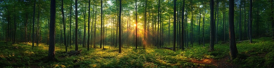 Obraz premium Sunlight piercing through dense forest, casting shadows and warmth.