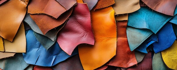 Colorful leather scraps forming a textured background