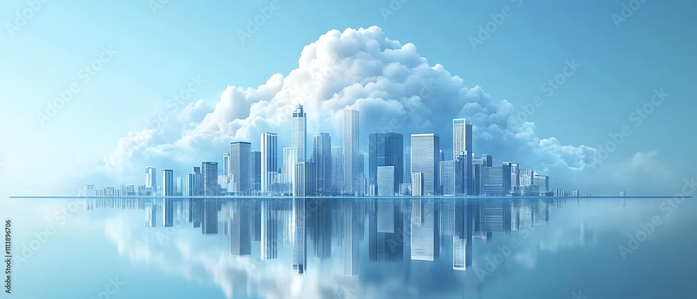 Poster A digital cloud representing cloud computing over a cityscape, showcasing the integration of technology, data storage, and modern infrastructure in a futuristic urban environment