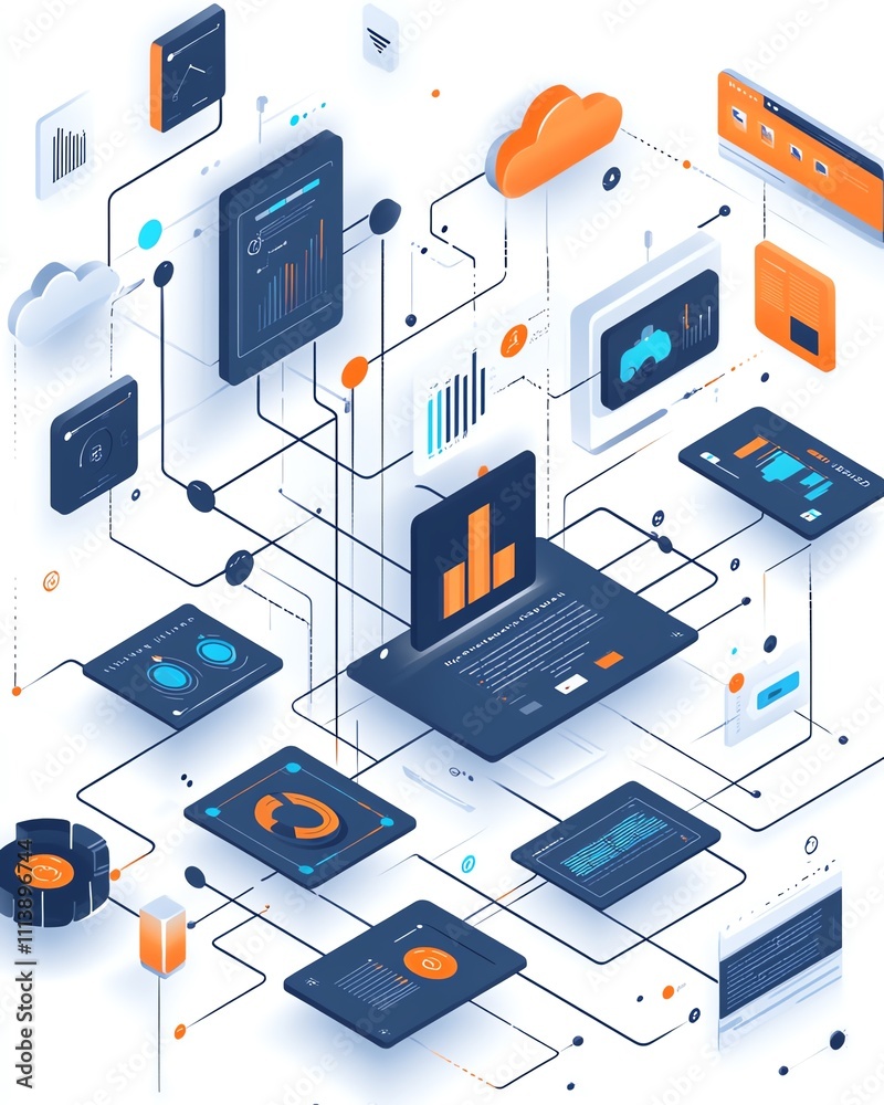 Poster A digital illustration of cloud computing with API management