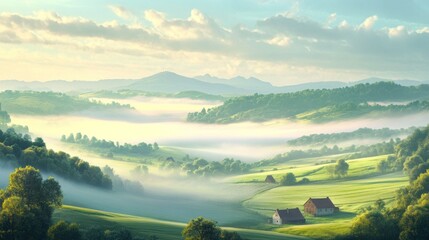 Serene Morning Mist Over Rolling Green Hills And Farmhouses