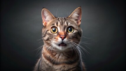 Obraz premium Surprised Cat with Big Eyes and Open Mouth on Dark Gray Background with Copy Space for Food Photography and Creative Projects