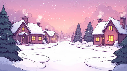 Fototapeta premium Winter village with snowcovered houses and christmas trees