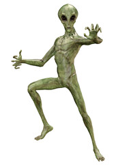 3D Rendering Green Alien on White