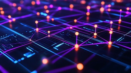 Abstract digital network connection with glowing nodes and lines in vibrant purple and blue tones