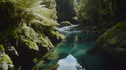 Tranquil stream flowing through lush forest new zealand nature photography scenic view