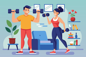 Man doing exercise workout at home. Sport guy fitness training vector illustration