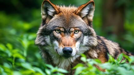 Fototapeta premium A wolf with piercing eyes and a focused gaze, staring intently at the camera.