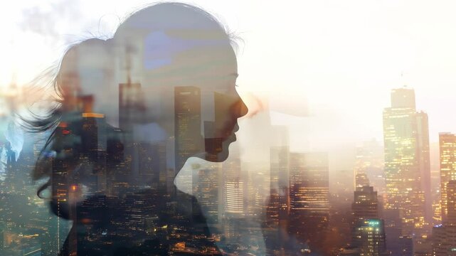 Double Exposure image of business person on modern city background. Future business and communication technology concept. Surreal futuristic cityscape and abstract multiple exposure interface	
