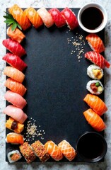 Sushi rolls are elegantly displayed around the edges of a dark slate board, perfect for St Valentine’s Day dining and sharing moments