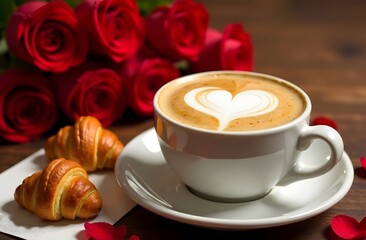 Cappuccino with a heart on the foam, next to a croissant and a bouquet of red roses. Valentine on a wooden table. Perfect for coffee shops on Valentine's Day, for congratulations