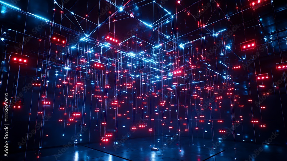 Poster abstract digital space with red and blue light patterns creating a futuristic environment