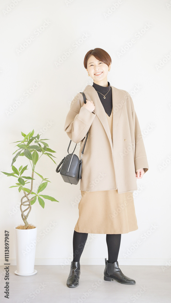 Canvas Prints 女性秋服冬服のファッションコーディネート全身（縦向き）.