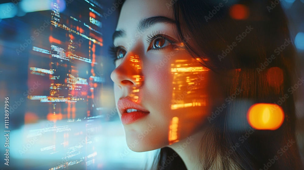 Aufkleber Programmer working with source code projected on face in futuristic office