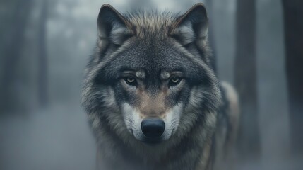 Obraz premium A wolf stares intensely at the camera in a misty forest.