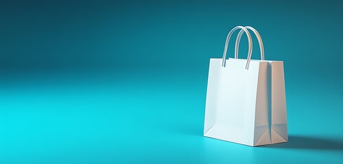 A single elegant white shopping paper bag with glossy textures on a gradient blue background