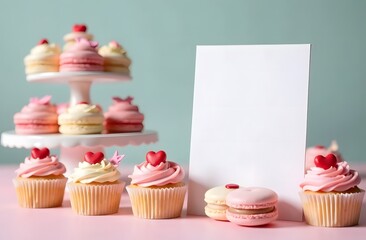 Dessert table with macarons and cupcakes decorated with hearts, empty standing sign for text, pastel background. Perfect for cafes and pastry chefs on Valentine's day to write special offers or to con