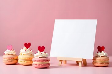 Dessert table with macarons  decorated with hearts, empty standing sign for text, pastel background. Perfect for cafes and pastry chefs on Valentine's day to write special offers or to con