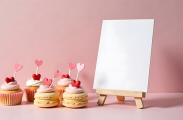 Dessert table with macarons and cupcakes decorated with hearts, empty standing sign for text, pastel background. Perfect for cafes and pastry chefs on Valentine's day to write special offers or to con