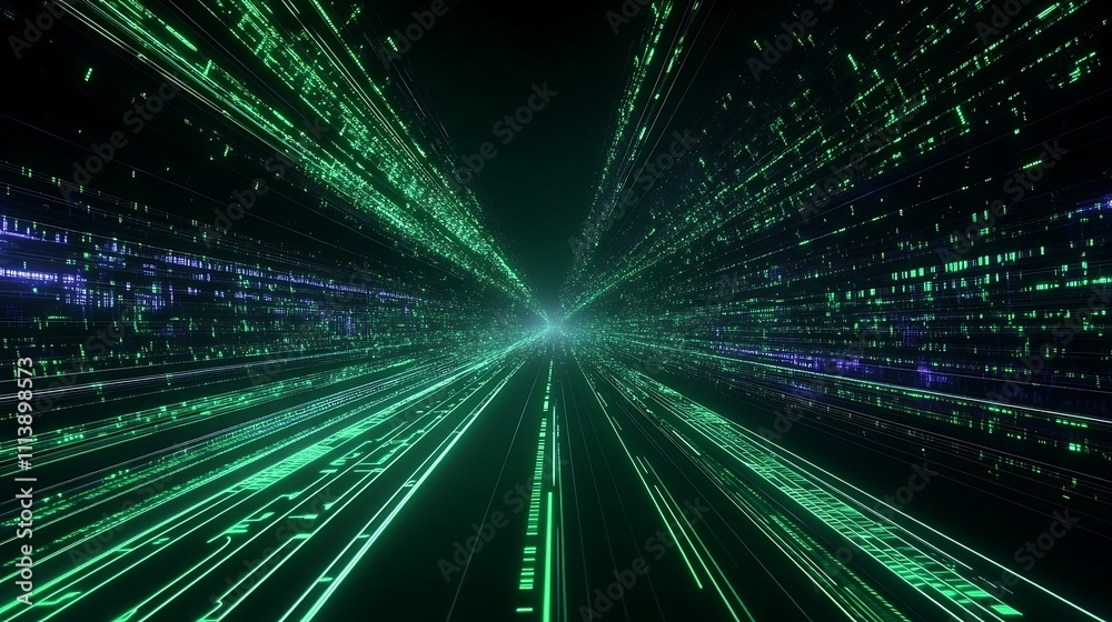 Poster abstract digital tunnel with vibrant green light lines and data streams creating a futuristic atmosp