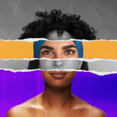 Striking torn paper collage made of different women face parts, creating portrait of young woman...