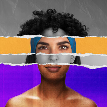 Striking torn paper collage made of different women face parts, creating portrait of young woman with curly hair. Confidence and multicultural beauty. Concept of human diversity, emotions, equality