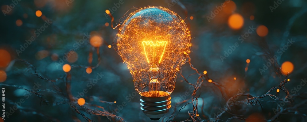 Aufkleber an illuminated light bulb surrounded by a network of glowing connections