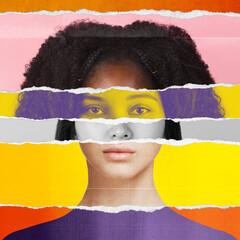 Layered torn paper collage made of different women face parts, creating portrait of woman....