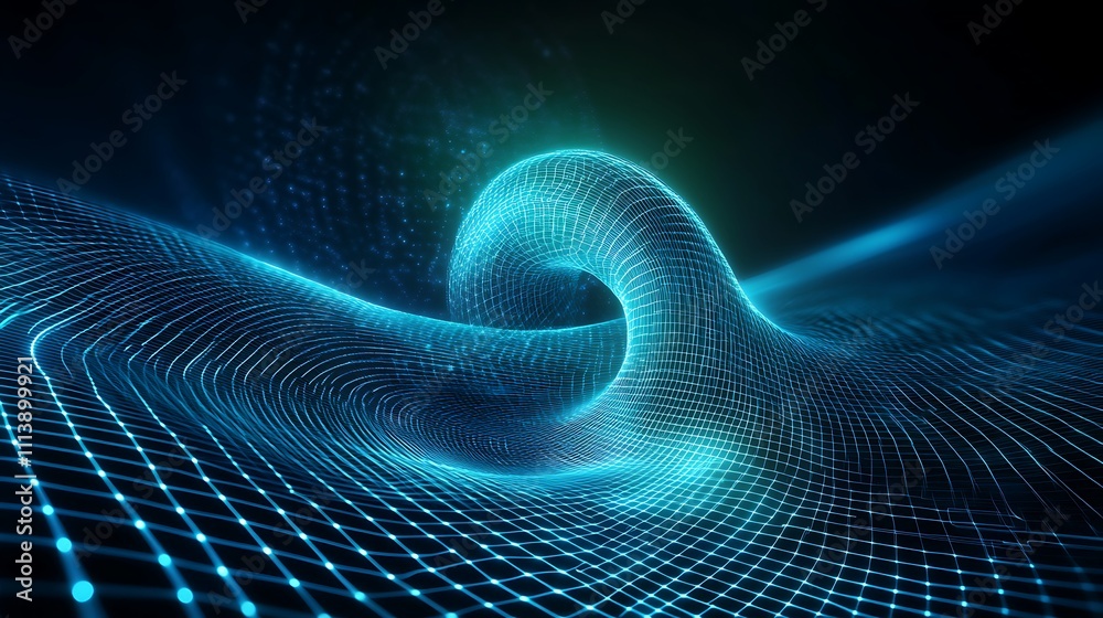 Poster abstract digital waveform with glowing lines and nodes representing data visualization and technolog