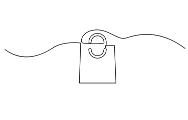 Continuous one line drawing of shopping bag. Simple one line art paper bag vector illustration, Continuous single line drawing of shopping bag design. Simple paper bag one line vector illustration.