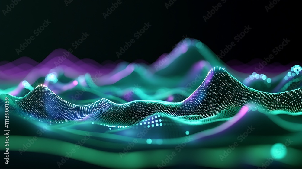 Poster abstract digital waveforms in vibrant colors creating a mesmerizing landscape of light and depth on 