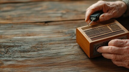 Battery replacement tools. Vintage radio on a wooden table with hands adjusting the volume knob.