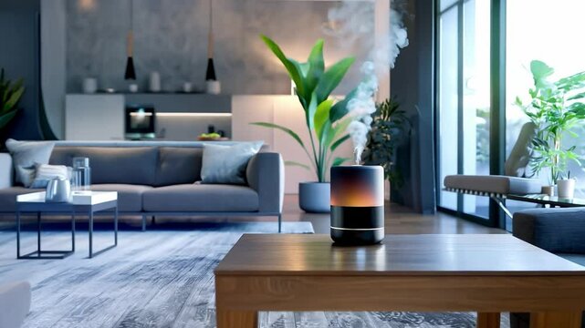 An aromatherapy diffuser, cylindrical with metallic gradient, Gentle vapor diffusion in modern living room	
