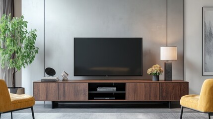 Modern living room with a TV, stylish furniture, and decorative plants.