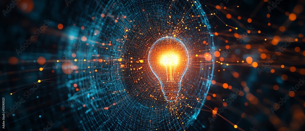 Aufkleber A glowing light bulb at the center of a web of interconnected lines and nodes, representing innovation, creativity, and the flow of ideas within a digital, futuristic network