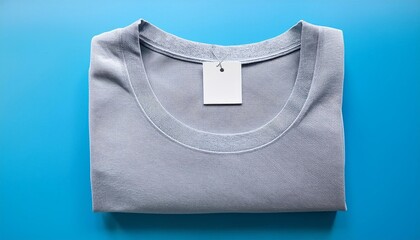 Neatly folded light grey T-shirt with white tag on light blue surface