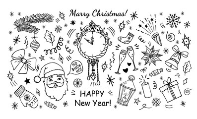 A festive set of winter doodle drawings. Christmas and New Year symbols. Santa Claus, a gift, glasses, watches, snowflakes, a branch of a fir tree and toys. Happy Christmas and New Year inscription
